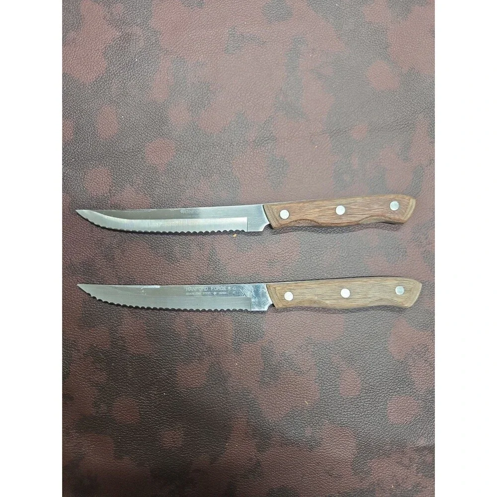 Set of 2 Hanford Forge Wood Handle Serated Edge Knives Stainless JAPAN